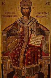 139 - Cristo Pantocrator entronado com manto vermelho e livro da vida aberto - Monge Mikael - Monte Athos