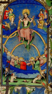 2293 - O Julgamento Final - Cristo Pantocrator em Ascenção envolto pelos Evangelistas - Livro das Horas - fls 127-128 Guent, 1450 - Master Guillebert de Mets