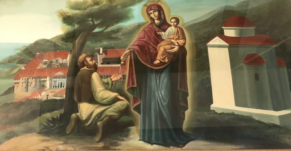 Virgem Maria dando uma moeda de ouro de seu Rosário para um faminto não atendido pelo Monastério Iviron